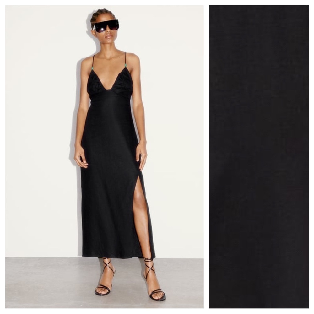 NWT. Zara Black Strappy Linen Blend V-neckline Midi Dress. Size XL.